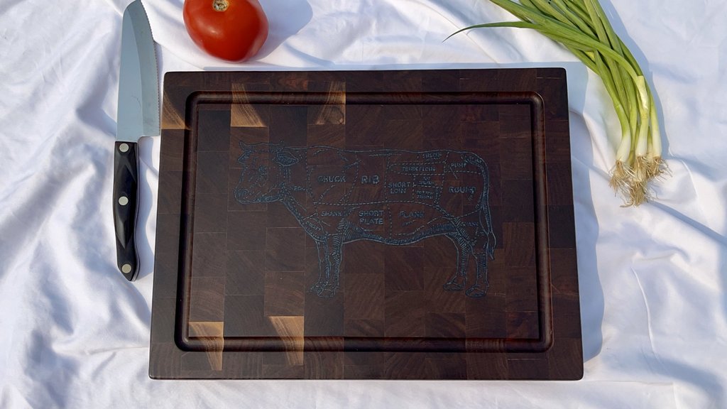 BEST SELLER, MEDIUM SIZE! "Beef Butcher Chart" End-Grain Cutting Board, choice of 4 Wood Types